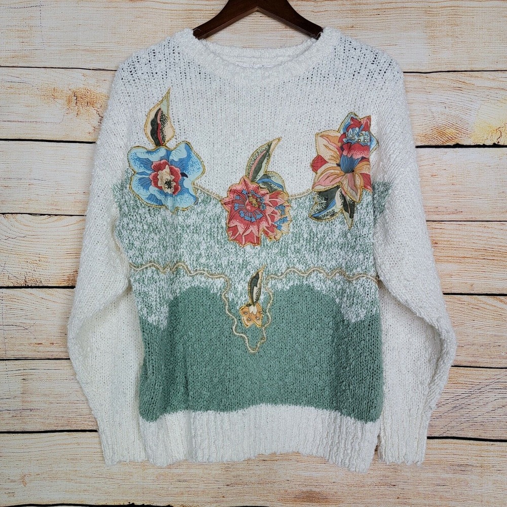 Vintage Needles & Yarn Women's Sweater Size L White Green Textured Floral‎ Beads